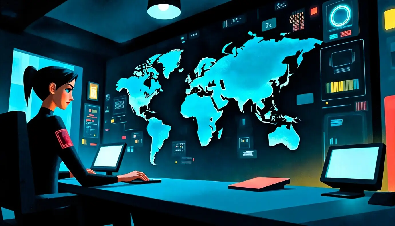 Cybersicherheitsanalyst, der globale Daten in einer futuristischen Kommandozentrale überwacht.