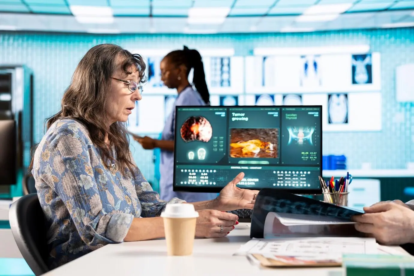 Älterer Kunde fragt den erfahrenen medizinischen Spezialisten nach Krankheitsprävention.