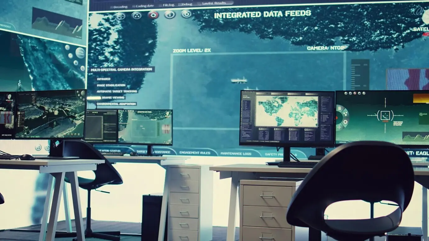 Leerer Einsatzraum des nationalen Geheimdienstes zur Verfolgung von Sicherheitswarnungen.