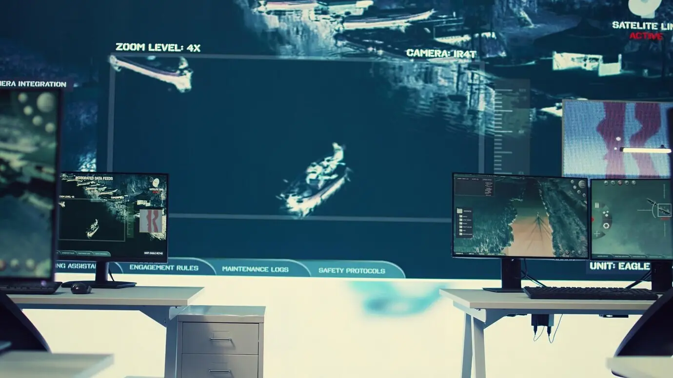 Leeres militärisches Operationshauptquartier zur Verfolgung von Bedrohungen mittels Radarüberwachung.