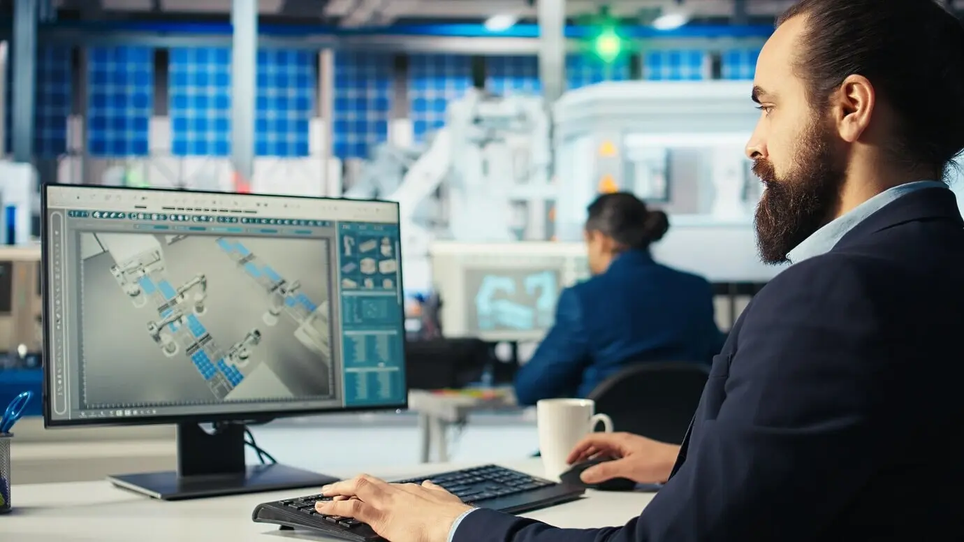 Techniker, der die Energieversorgung in einer Fertigungsanlage für Solarmodule optimiert